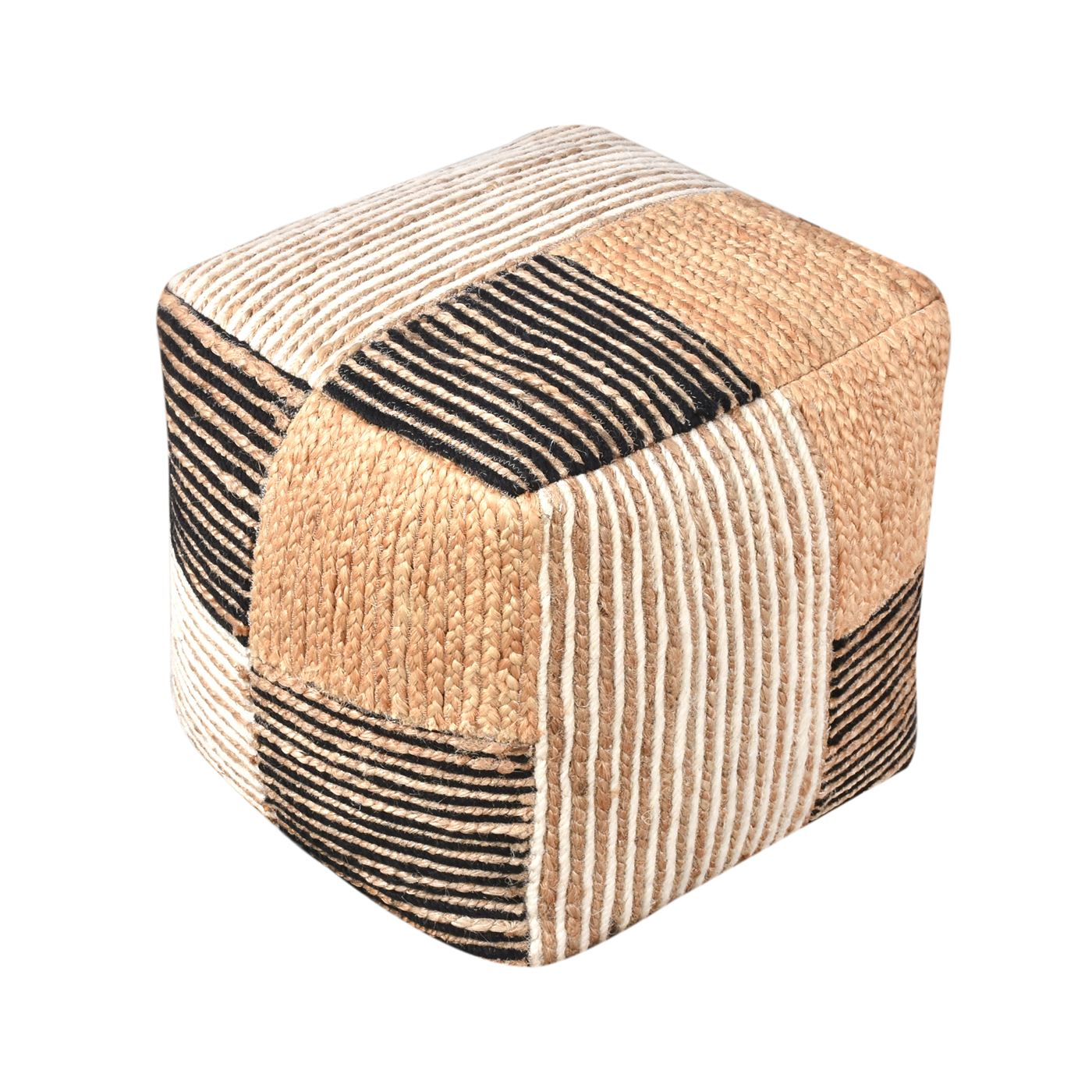 Davallia Pouf, Wool, Jute, Natural, Natural White, Charcoal, Hm Stitching, Flat Weave