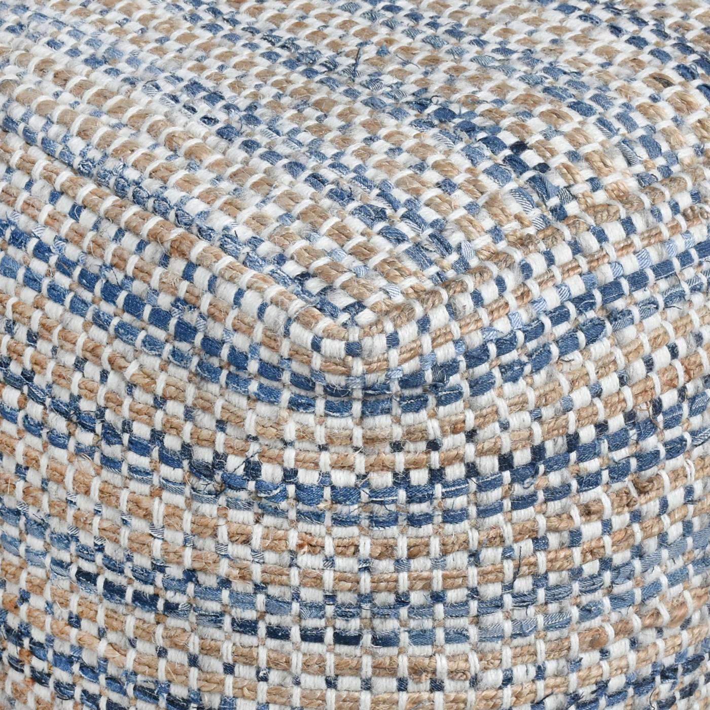 Davlin Pouf, 40x40x40 cm, Natural, Blue, Wool, Jute, Denim, Hand Woven, Pitloom, Flat Weave