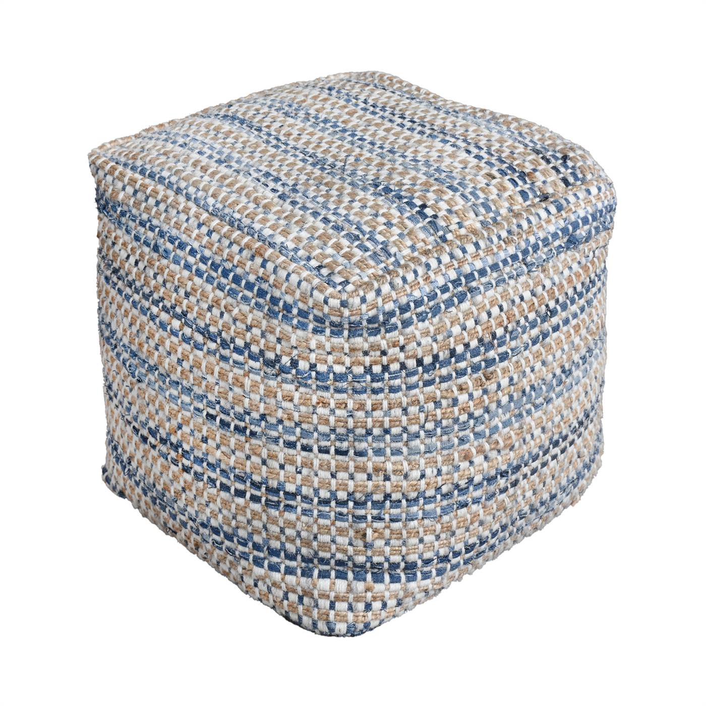 Davlin Pouf, 40x40x40 cm, Natural, Blue, Wool, Jute, Denim, Hand Woven, Pitloom, Flat Weave