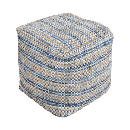 Davlin Pouf, 40x40x40 cm, Natural, Blue, Wool, Jute, Denim, Hand Woven, Pitloom, Flat Weave