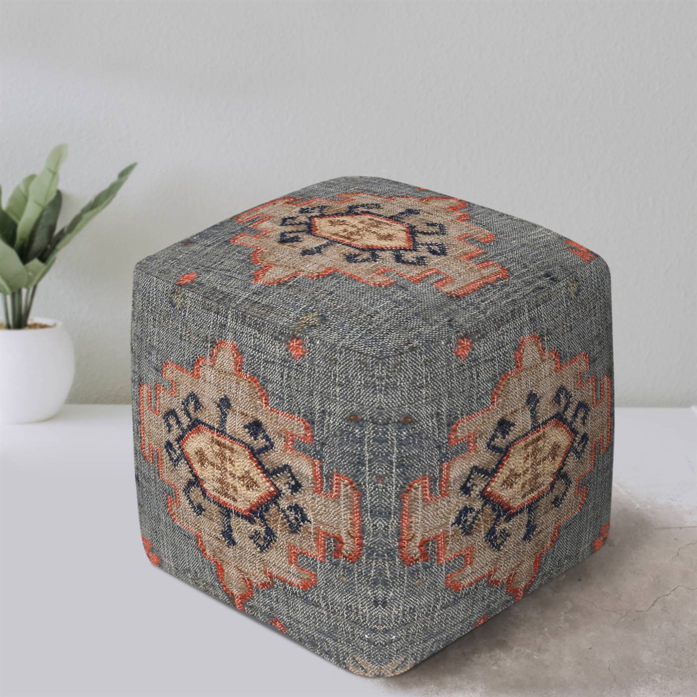 Deaux Pouf, 40x40x40 cm, Natural, Multi, Jute, Punja Kelim, Pitloom, Flat Weave