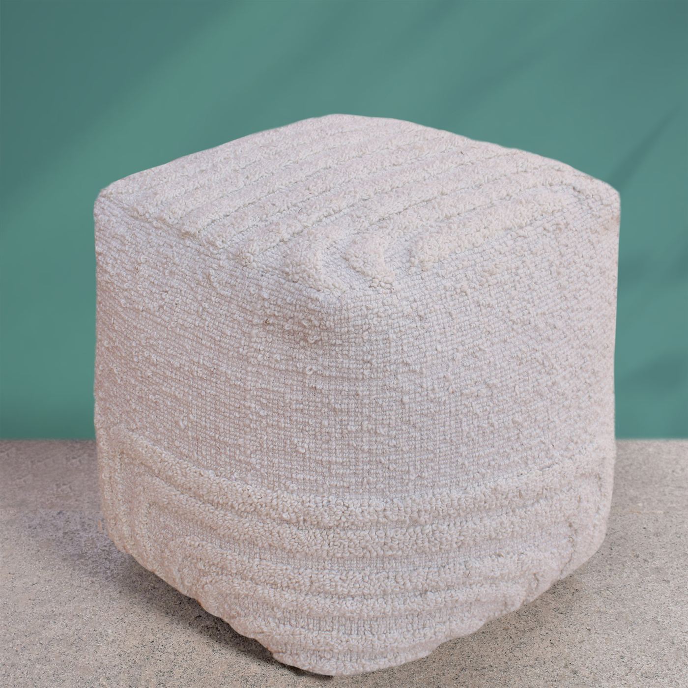 Debren Pouf, Wool, Natural White, Hand woven, All Loop