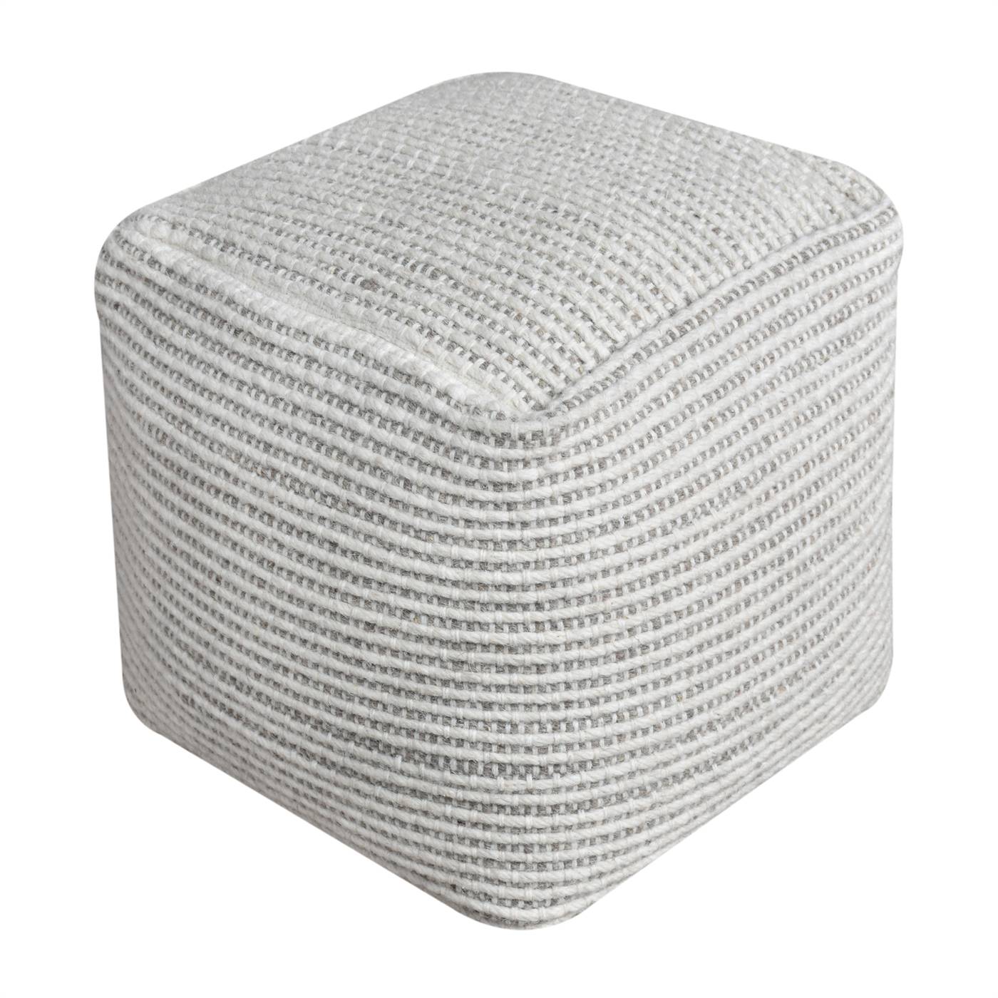Derbent Pouf, 40x40x40 cm, Natural White, Grey, Wool, Hand Woven, Pitloom, Flat Weave