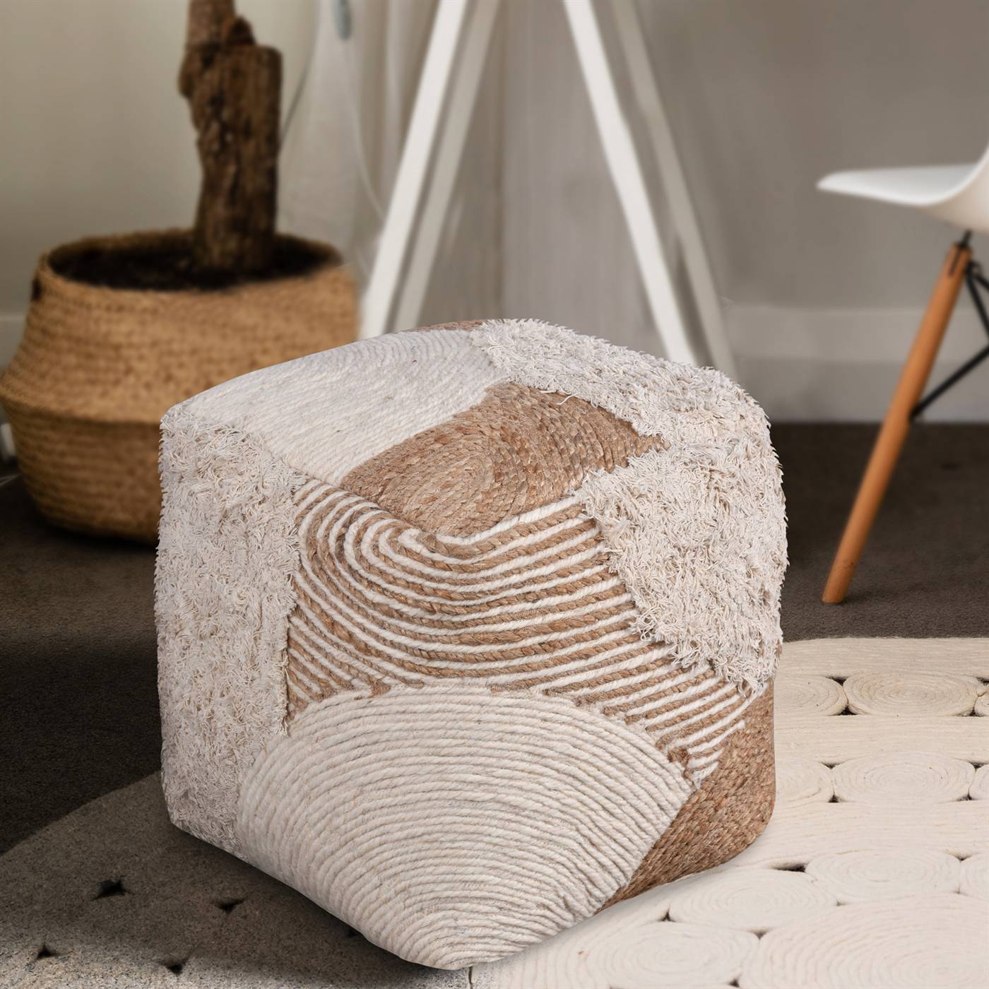 Dinsmore Pouf, 40x40x40 cm, Natural, Natural White, Jute, Wool, Cotton Salvage, Hand Made, Hm Stitching, Flat Weave