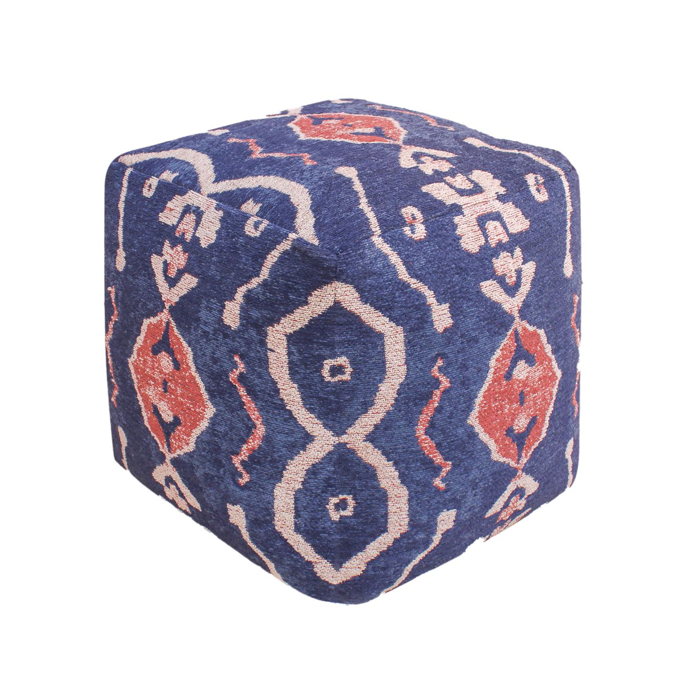 Dobri Pouf, Cotton, Polyester, Navy, Multi, Jaquard Durry, Flat Weave