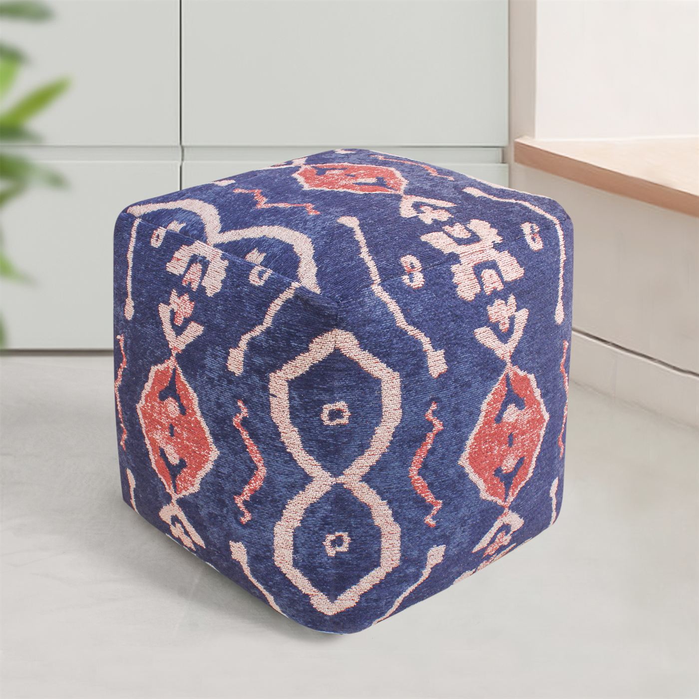 Dobri Pouf, Cotton, Polyester, Navy, Multi, Jaquard Durry, Flat Weave