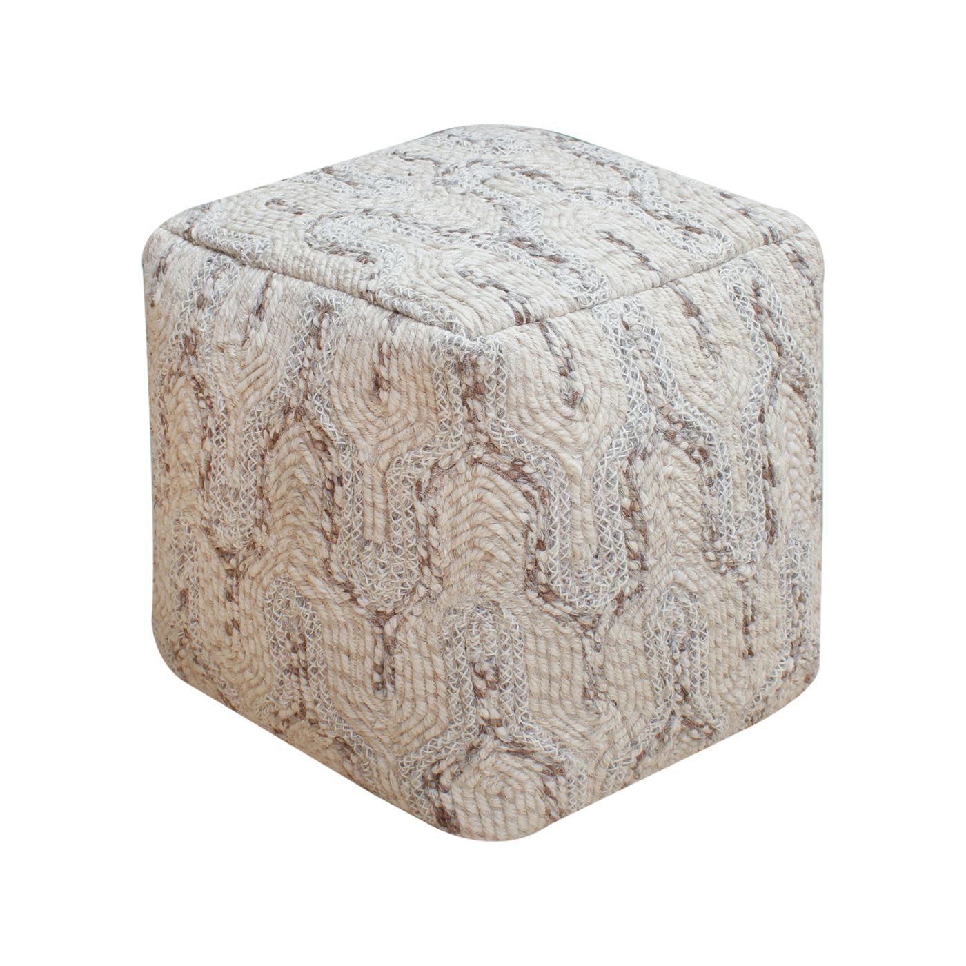 Dolen Pouf, Wool, Natural White, Grey, Hm Stitching, Flat Weave 