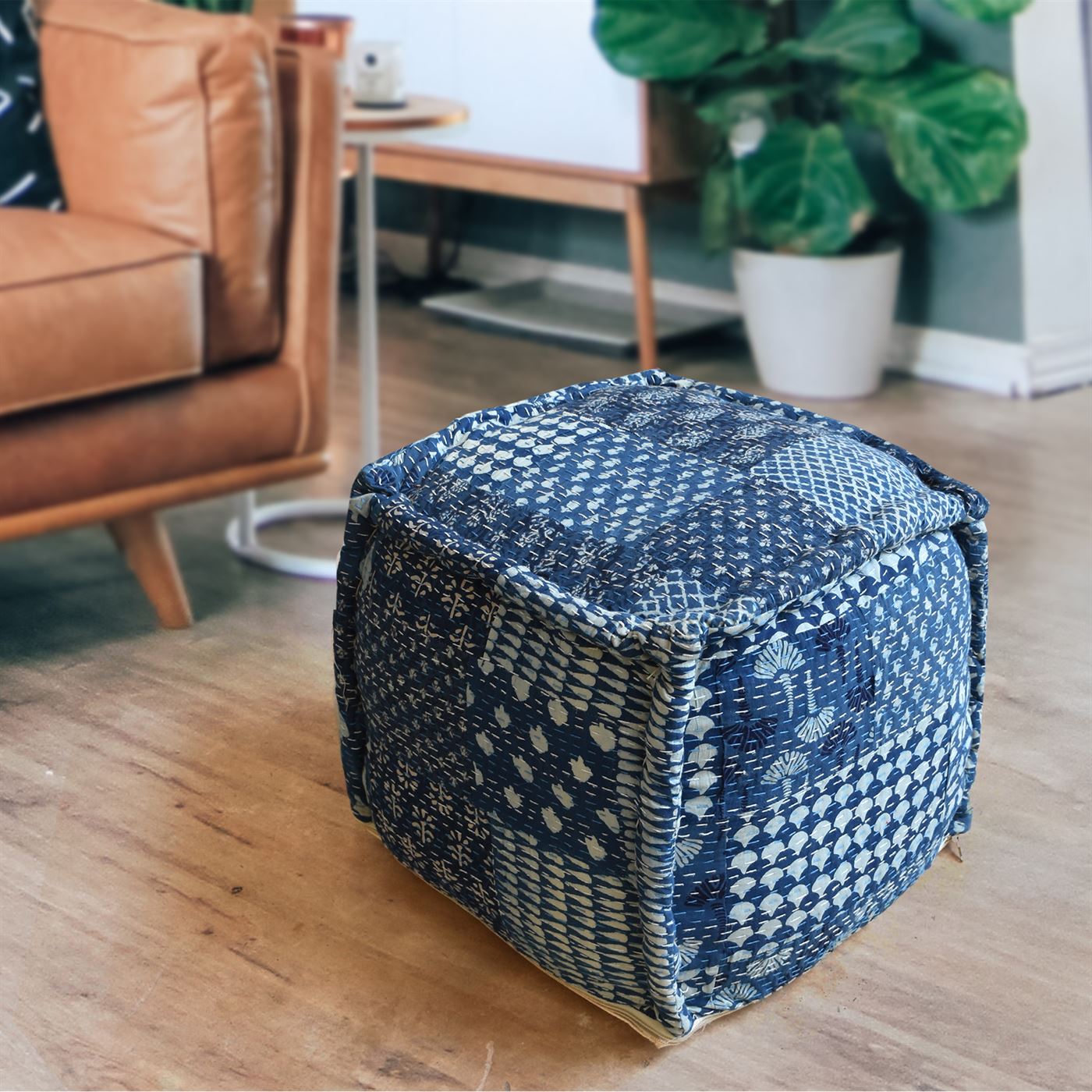 Donora Pouf, Cotton, Printed, Blue, Pitloom, Flat Weave