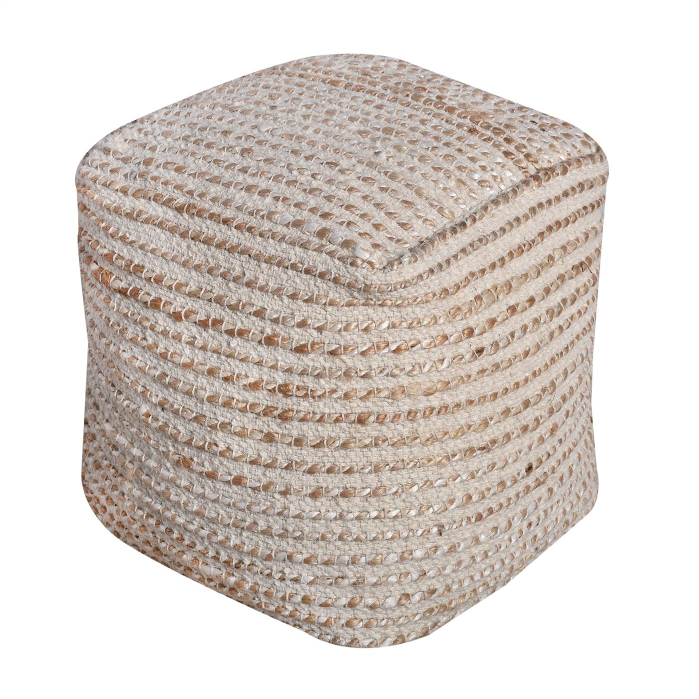 Dulovo Pouf, 40x40x40 cm, Natural, Natural White, Jute, Wool, Hand Woven, Pitloom, Flat Weave
