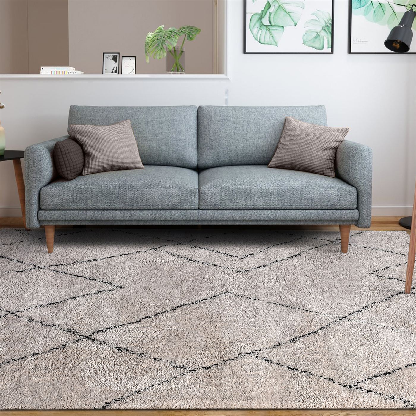 Area Rug, Bedroom Rug, Living Room Rug, Living Area Rug, Indian Rug, Office Carpet, Office Rug, Shop Rug Online, Polyester Micro Fiber, Natural White, Charcoal, Bm Fn, All Cut - Dundas, geometric 