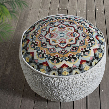 Durrus Pouf, Wool, Cotton Velvet, Natural White, Multi, Hand woven, Flat Weave