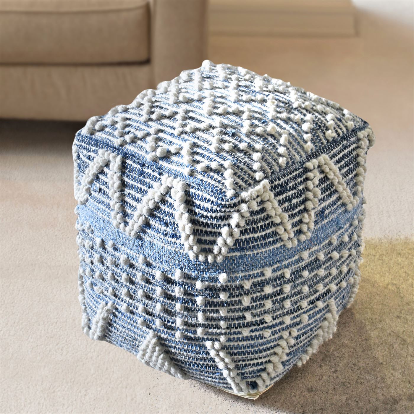 Dvina Pouf, Recycled Denim, Wool, Cotton, Natural White, Blue, Pitloom, All Loop