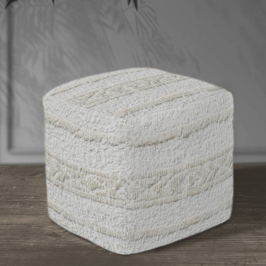 Dyane Pouf, 40x40x40 cm, Natural White, Wool, Hand Knotted, Handknotted, All Cut
