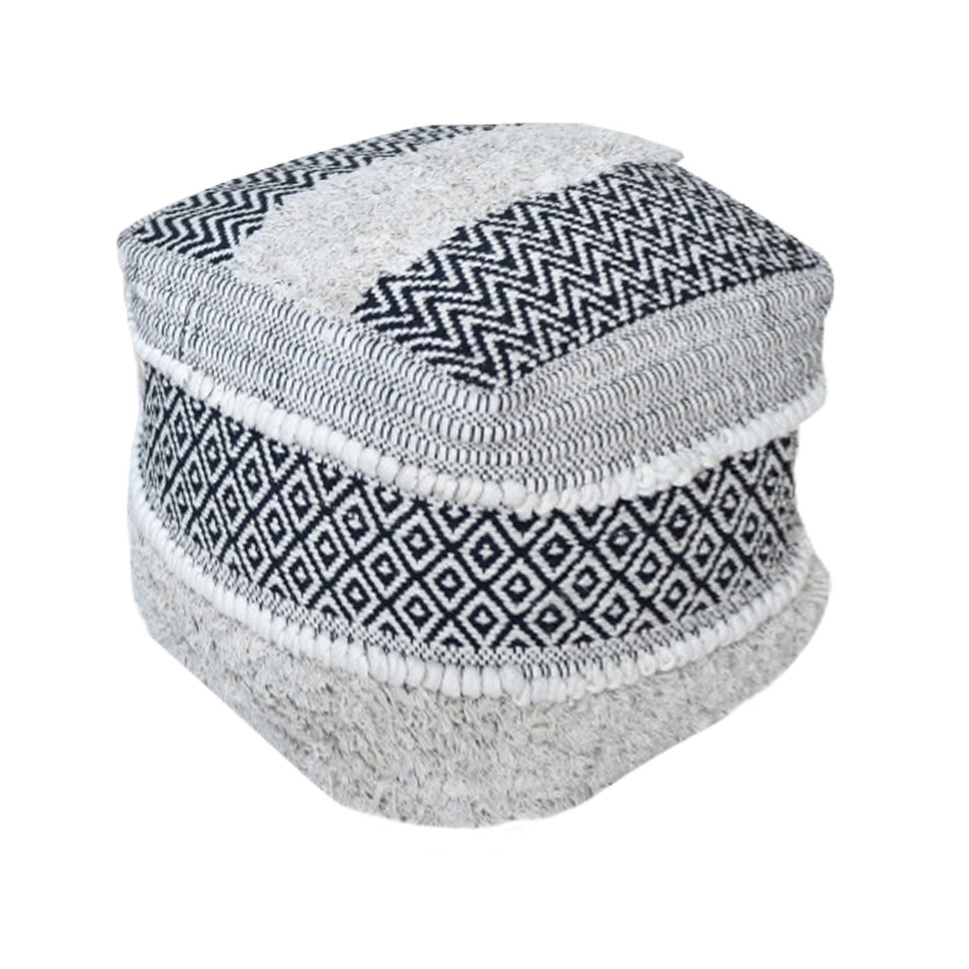 Ekali Pouf, Cotton, Natural White,  Charcoal, HANDWOVEN / ALL CUT