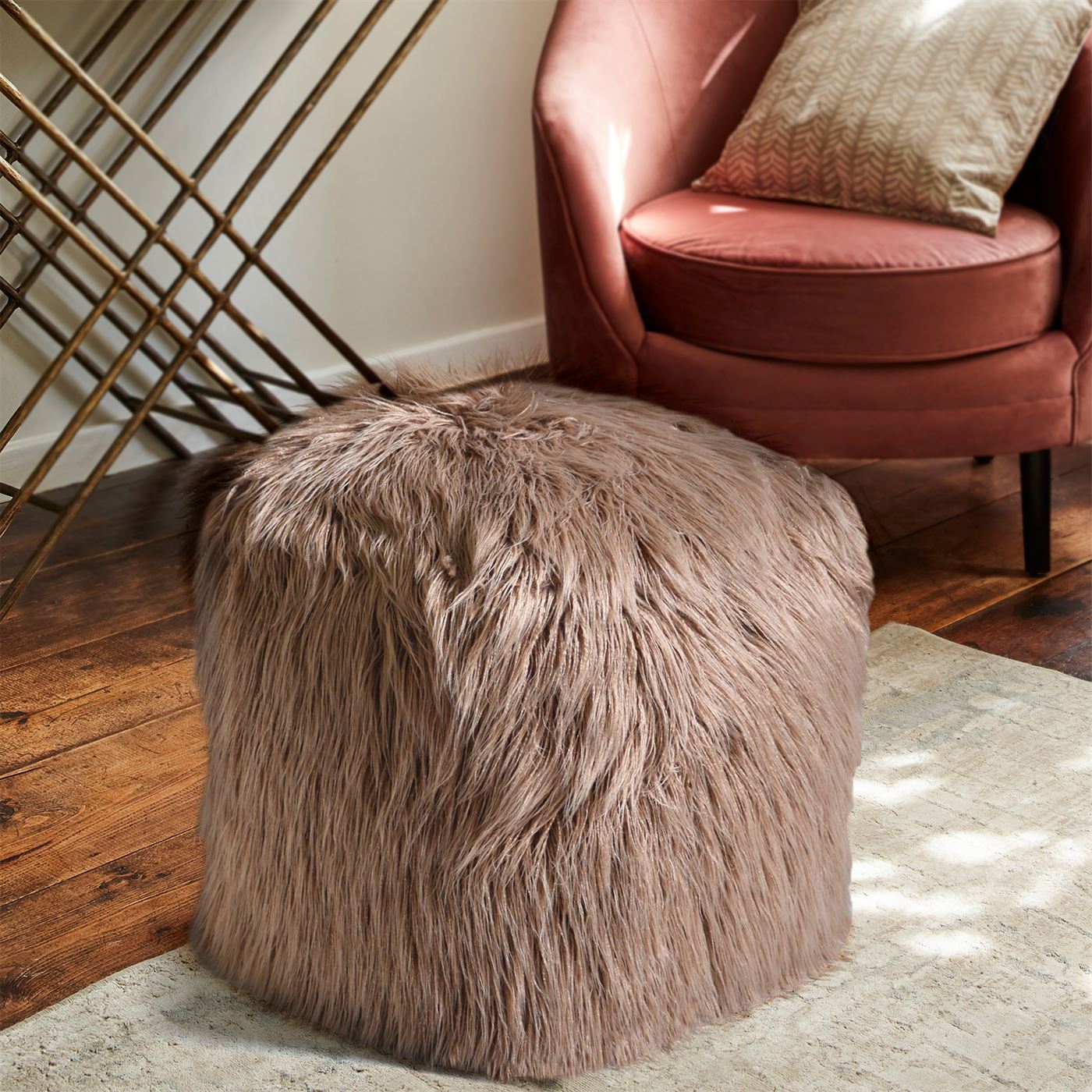 Elbe Pouf, Faux Leather, Taupe, Hm Stitching, Flat Weave