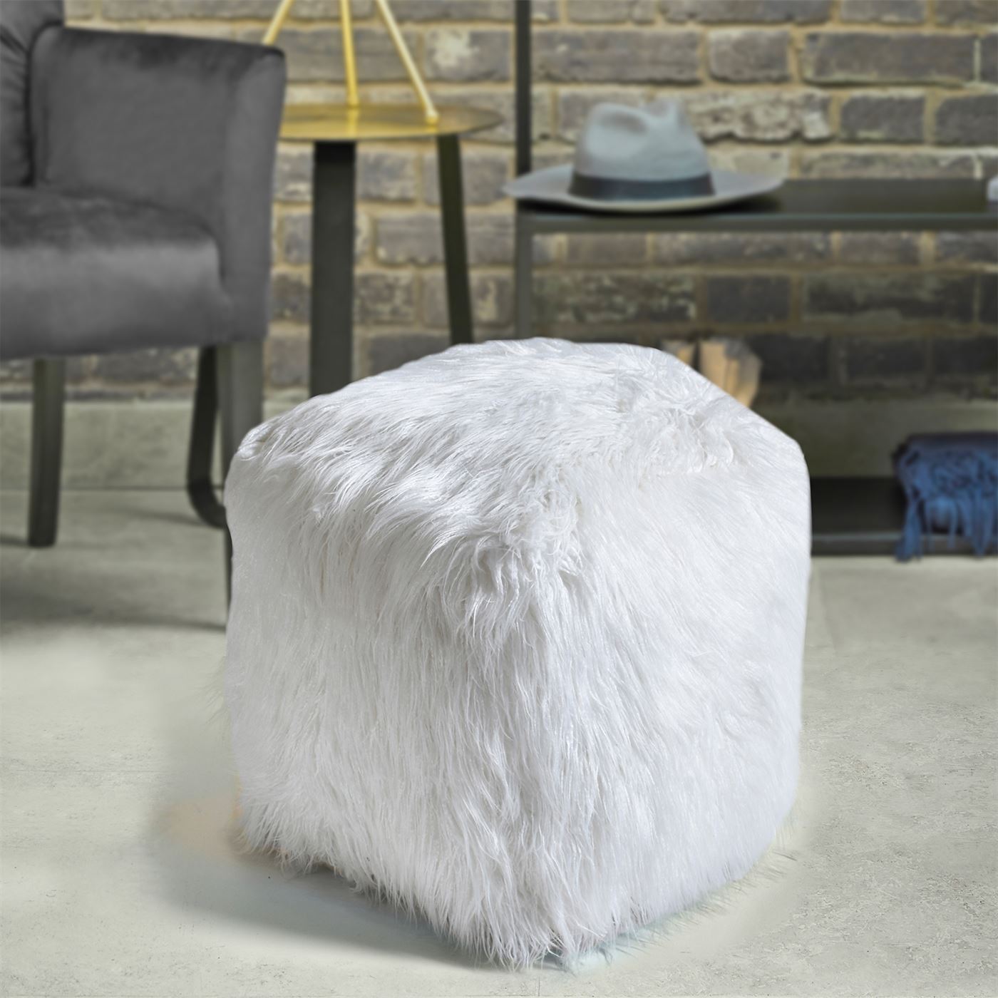 Elbe Pouf, Faux Leather, Natural White, Hm Stitching, Flat Weave
