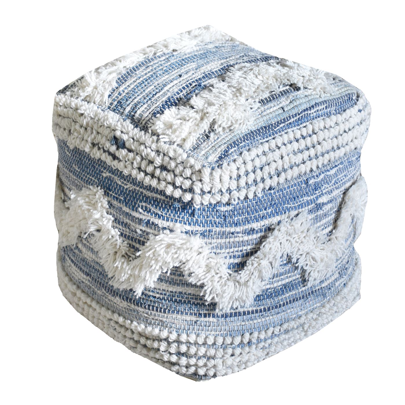 Elkins Pouf, Wool, Recycled Denim, Blue, Natural White, Pitloom, Cut And Loop