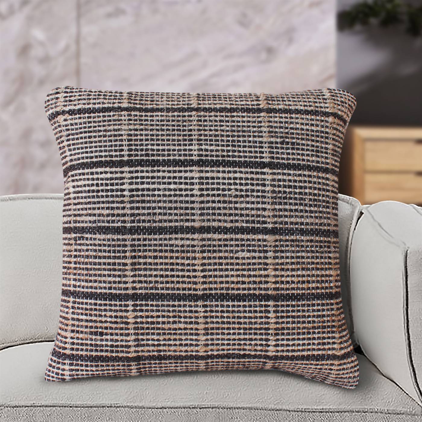 Elnora Cushion, 56x56 cm, Natural, Linen, Jute, Wool, Hand Woven, Pitloom, Flat Weave