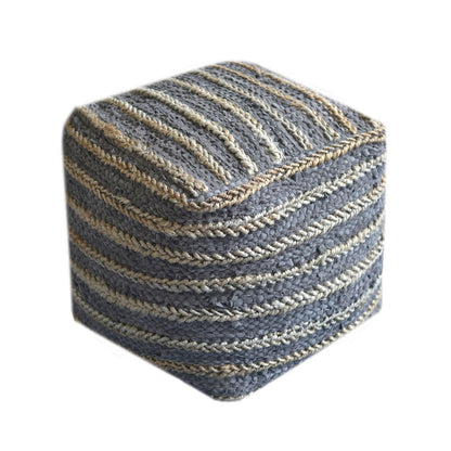 Estella Pouf , Leather, Hemp, Charcoal, Pitloom, Flat Weave