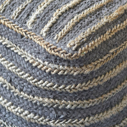 Estella Pouf , Leather, Hemp, Charcoal, Pitloom, Flat Weave