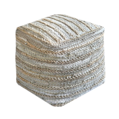 Estella Pouf , Leather, Hemp, Grey, Pitloom, Flat Weave