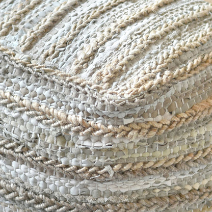 Estella Pouf , Leather, Hemp, Grey, Pitloom, Flat Weave