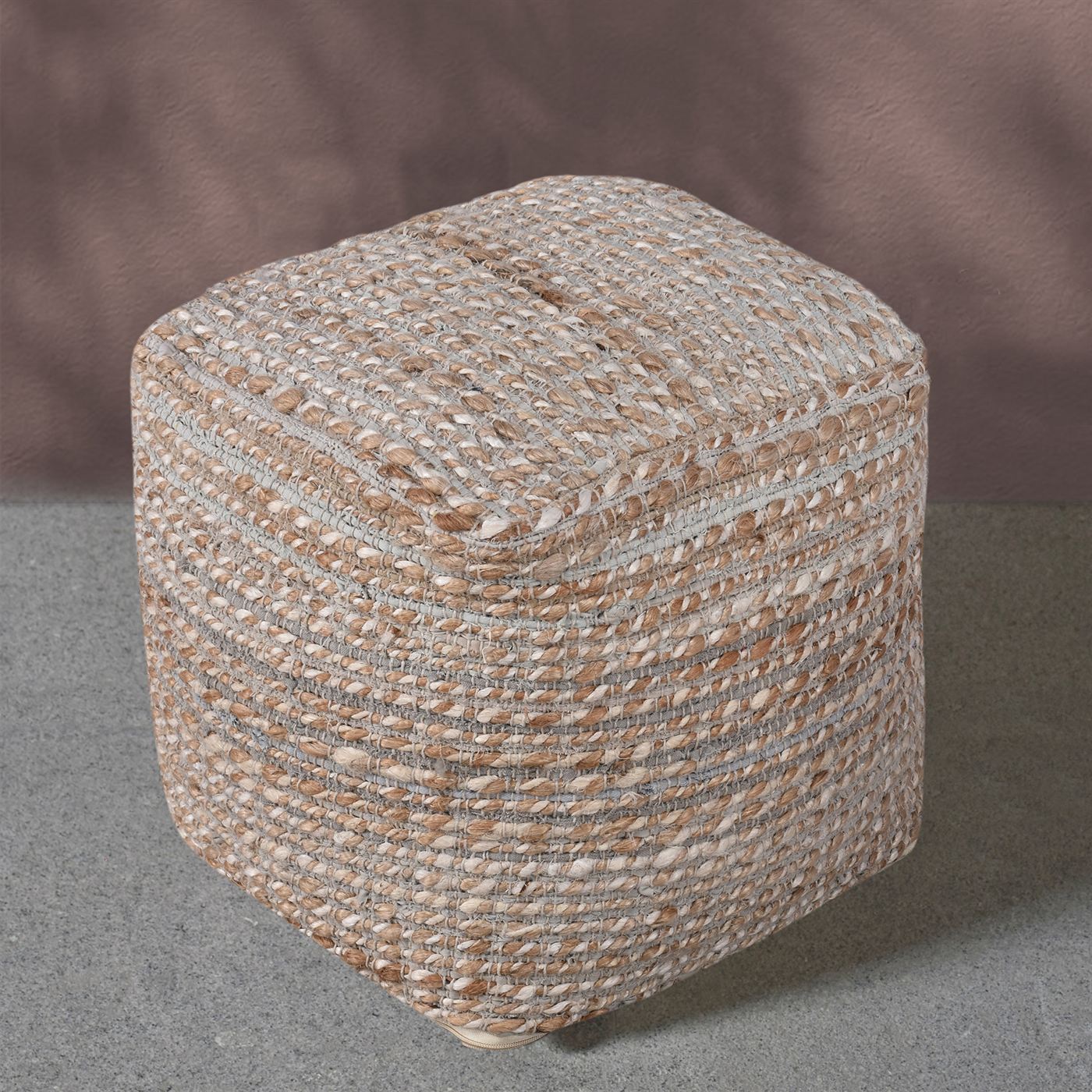 Fagern Pouf, Denim, Jute, Natural, Beige, Pitloom, Flat Weave