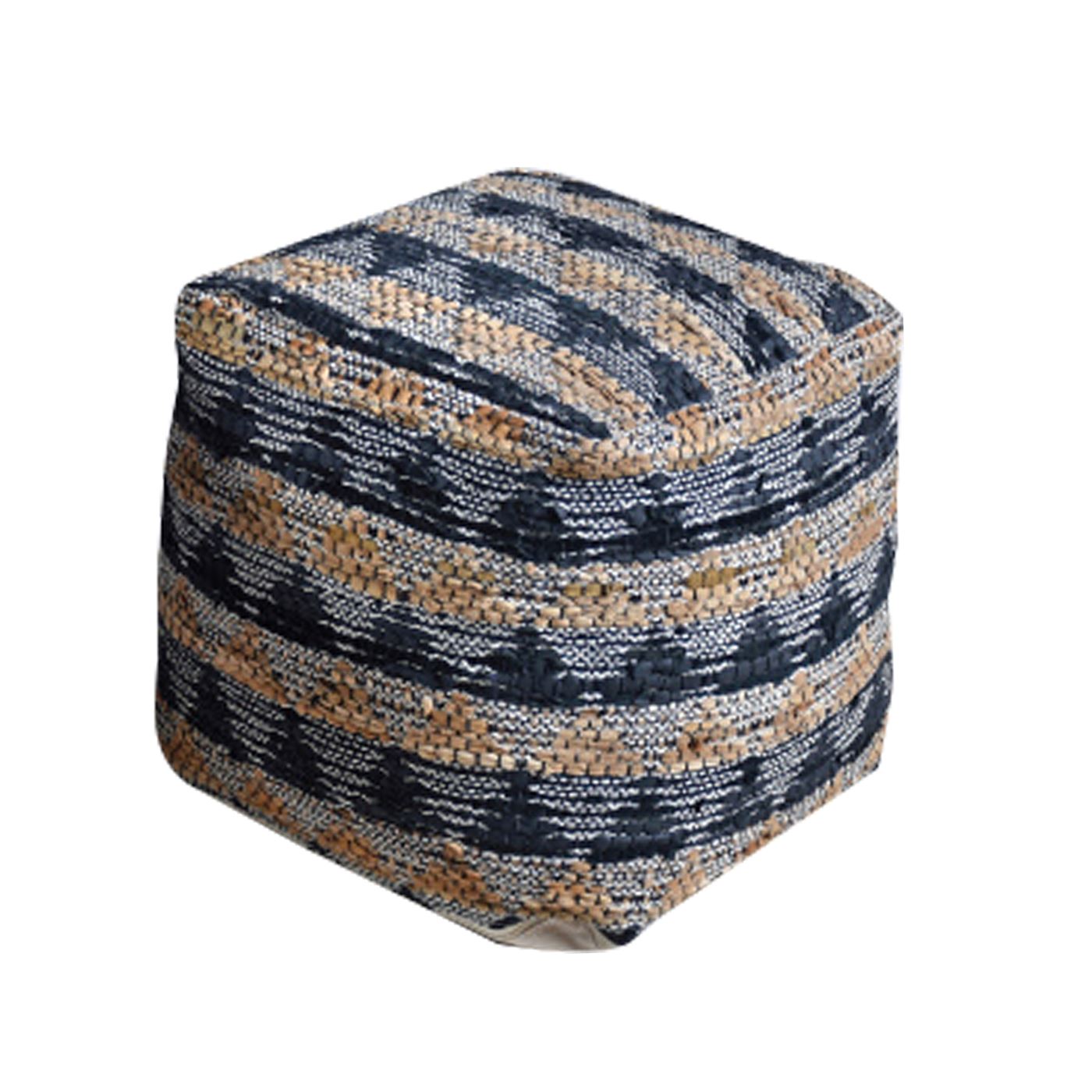 Finley Pouf, Leather, Charcoal, Pitloom, Flat Weave