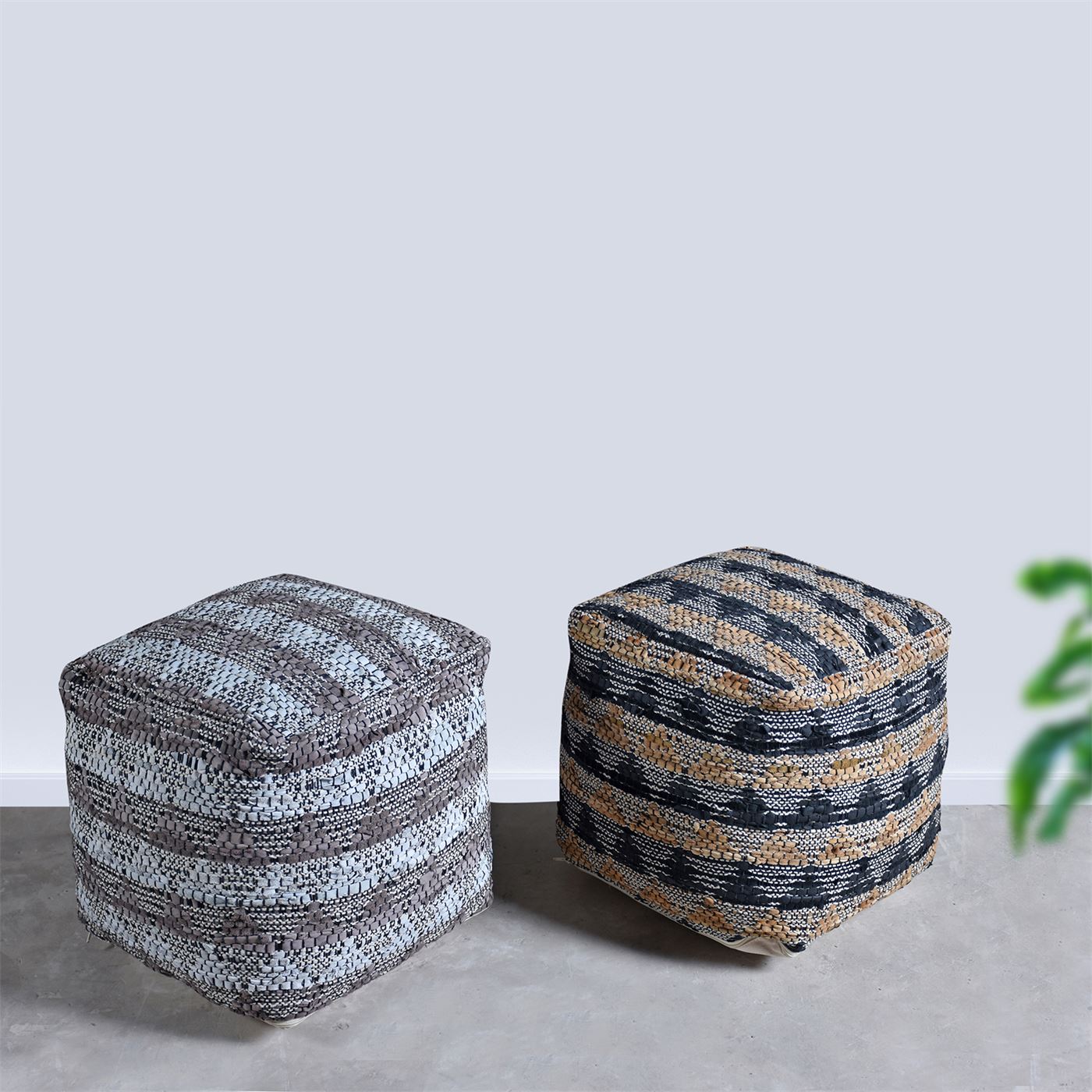 Finley Pouf, Leather, Pitloom, Flat Weave