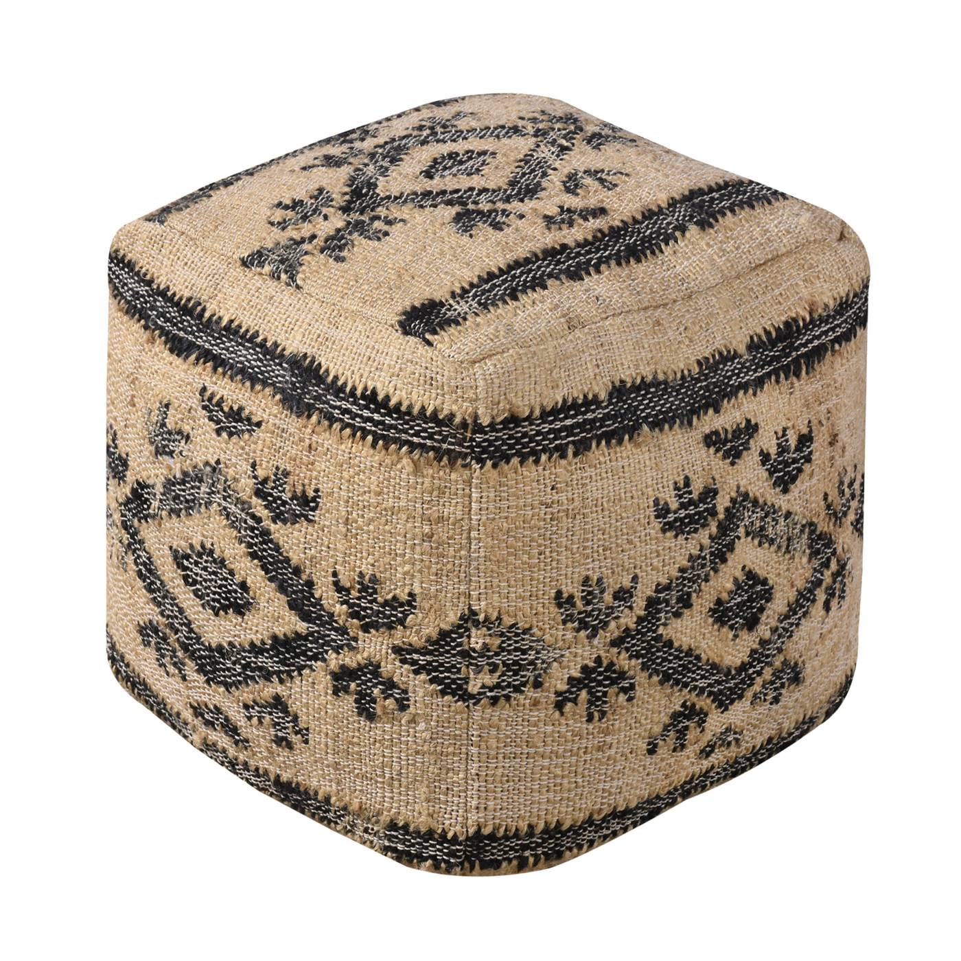 Fismes Pouf, 40x40x40 cm, Natural White, Charcoal, Jute, Punja Kelim, Punja, Flat Weave