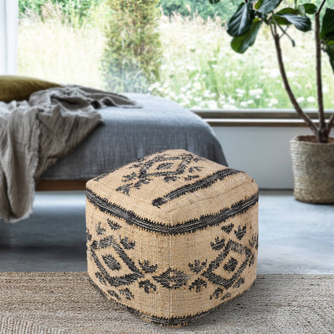 Fismes Pouf, 40x40x40 cm, Natural White, Charcoal, Jute, Punja Kelim, Punja, Flat Weave