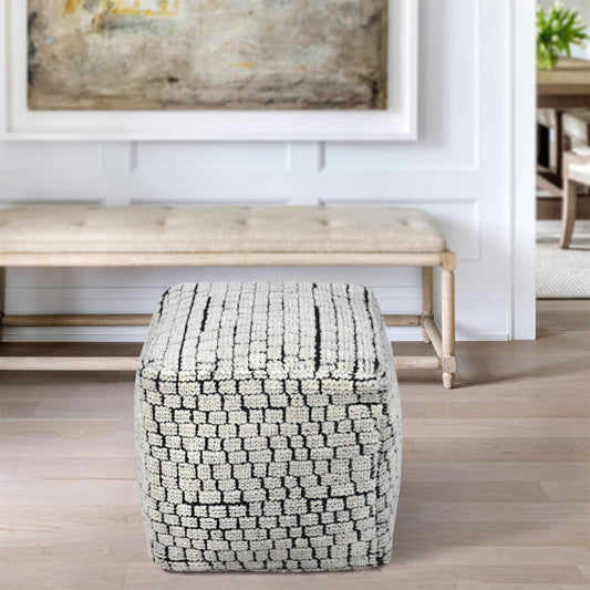 Floudes Pouf, 40x40x40 cm, Natural White, Wool, Hand Knotted, Handknotted, All Cut