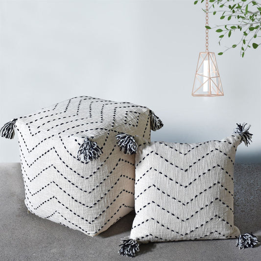 Frissell Pouf, Cotton, Wool, Natural White, Charcoal, Hm Stitching, Flat Weave