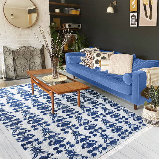 Area Rug, Bedroom Rug, Living Room Rug, Living Area Rug, Indian Rug, Office Carpet, Office Rug, Shop Rug Online, Cotton, Natural, Blue, Pitloom, Flat Weave, Printed