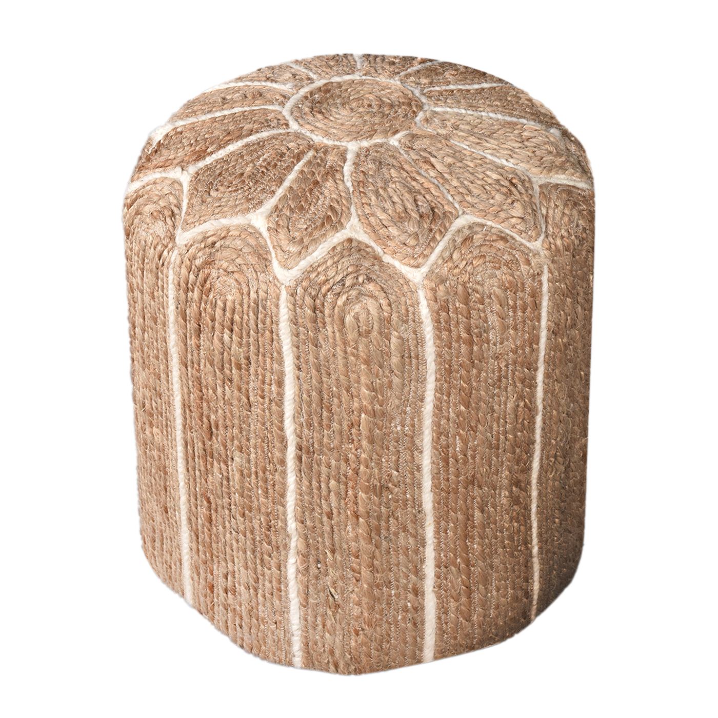 Glarus Round Pouf, Jute, Wool, Natural, Natural White, Hm Stitching, Flat Weave