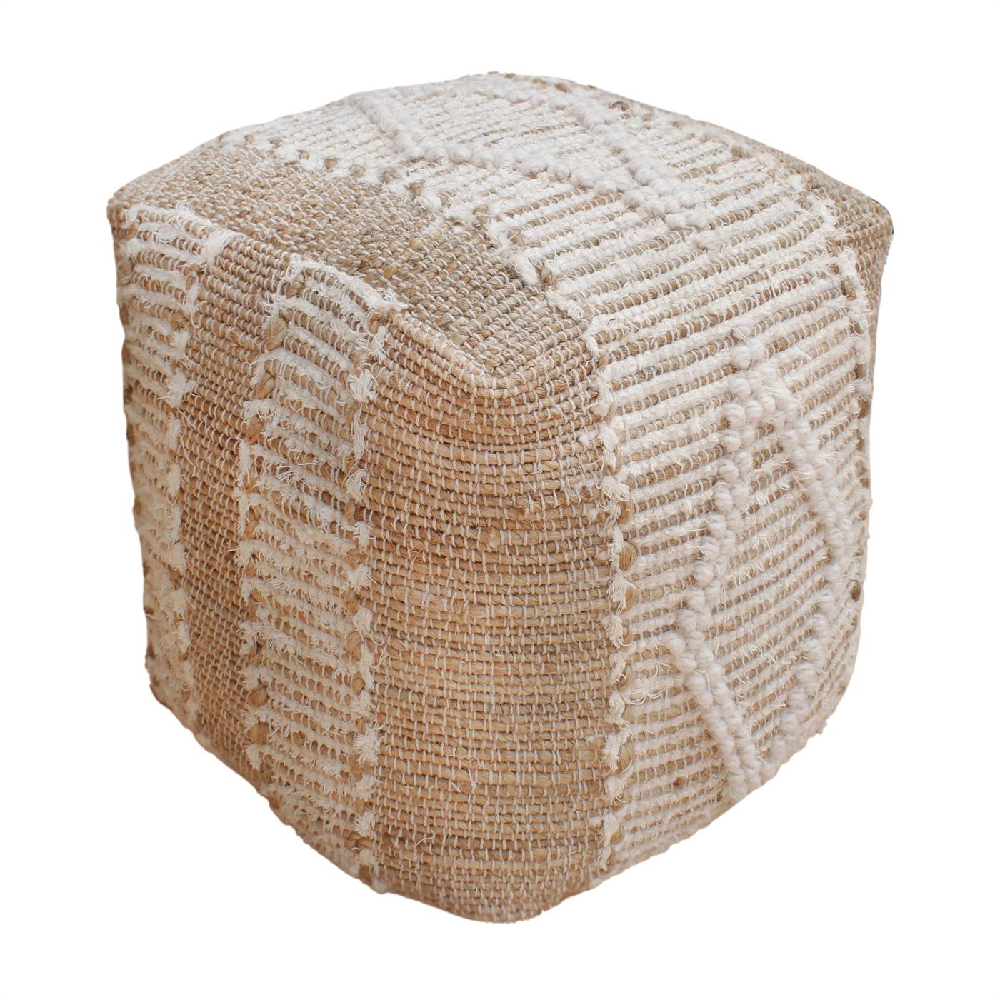 Golem Pouf, 40x40x40 cm, Natural White, Natural, Jute, Cotton Salvage, Wool, Hand Woven, Pitloom, All Loop