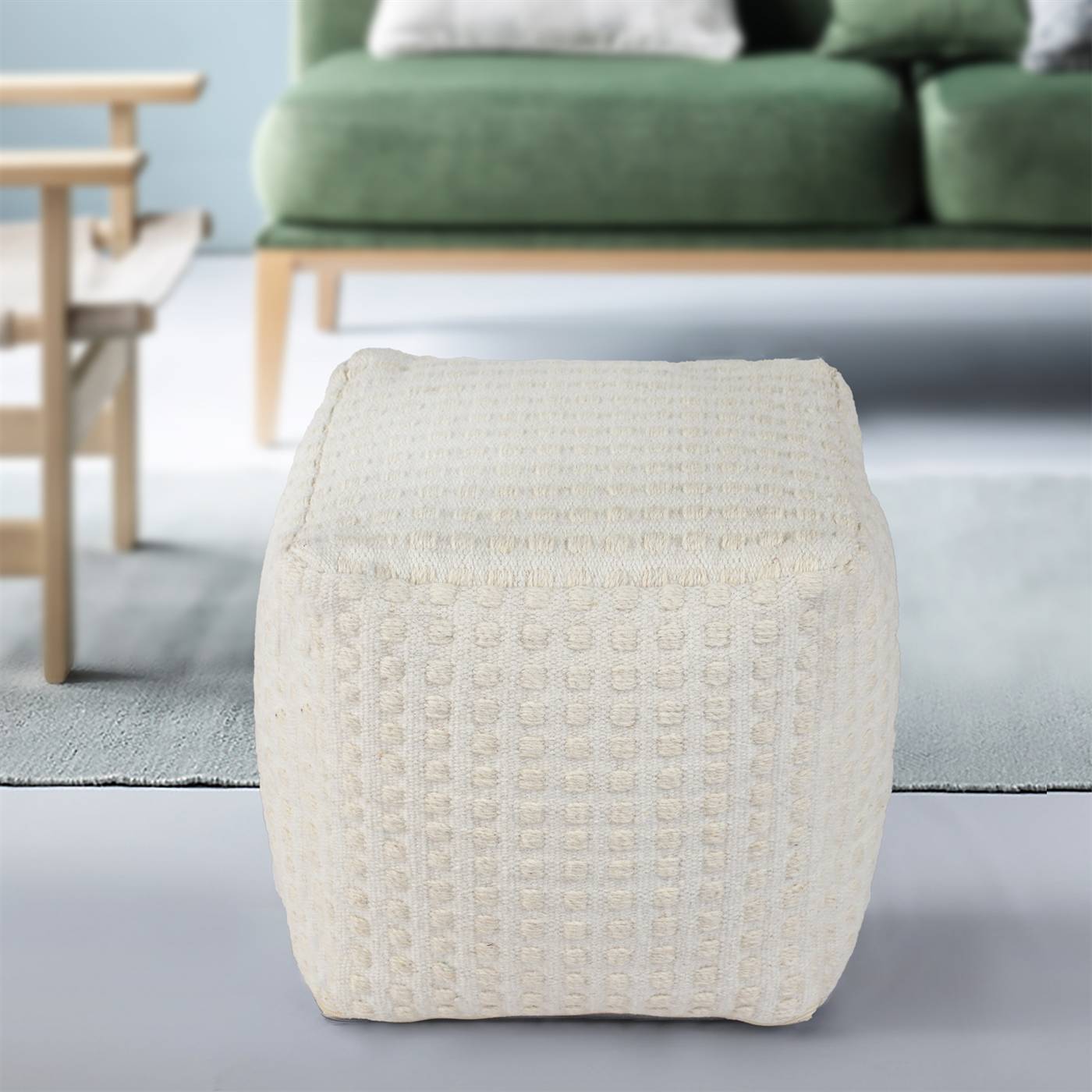 Goliad Pouf, 40x40x40 cm, Natural White, Wool, Hand Woven, Pitloom, Flat Weave