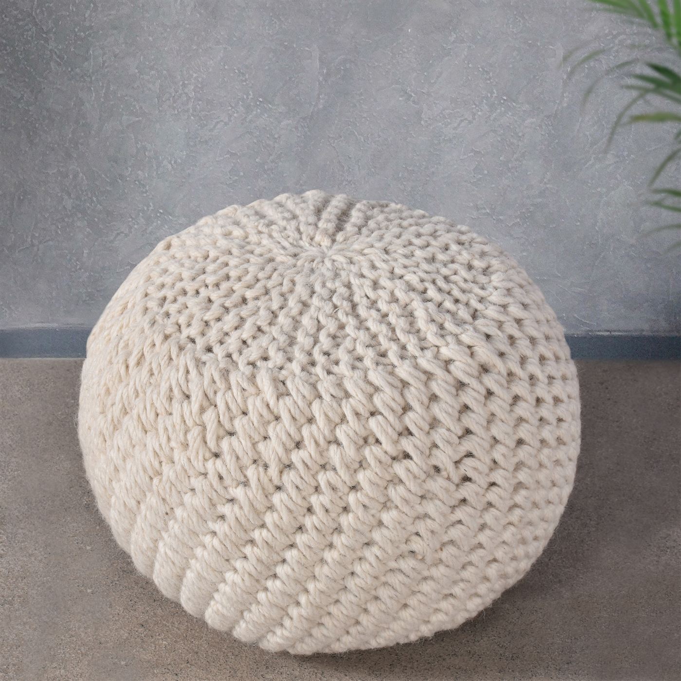 Haifa Pouf, Wool, Natural White, Hm Knitted, Flat Weave