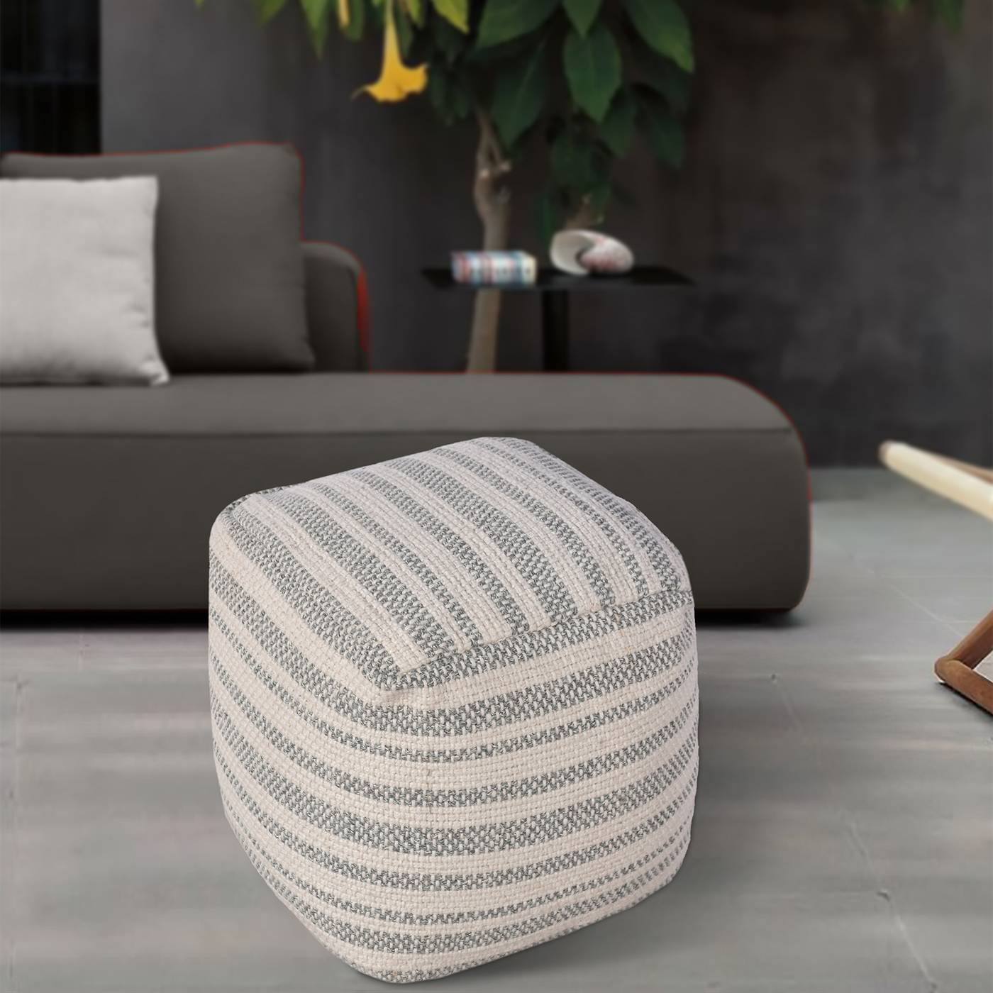 Hakone Pouf, 40x40x40 cm, Natural White, Grey, PET, Polypropylene, Hand Woven, Pitloom, Flat Weave