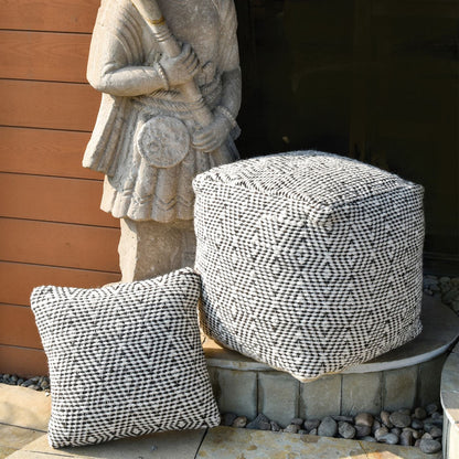 Hartney Pouf, Wool, Natural White, Charcoal, Pitloom, Flat Weave