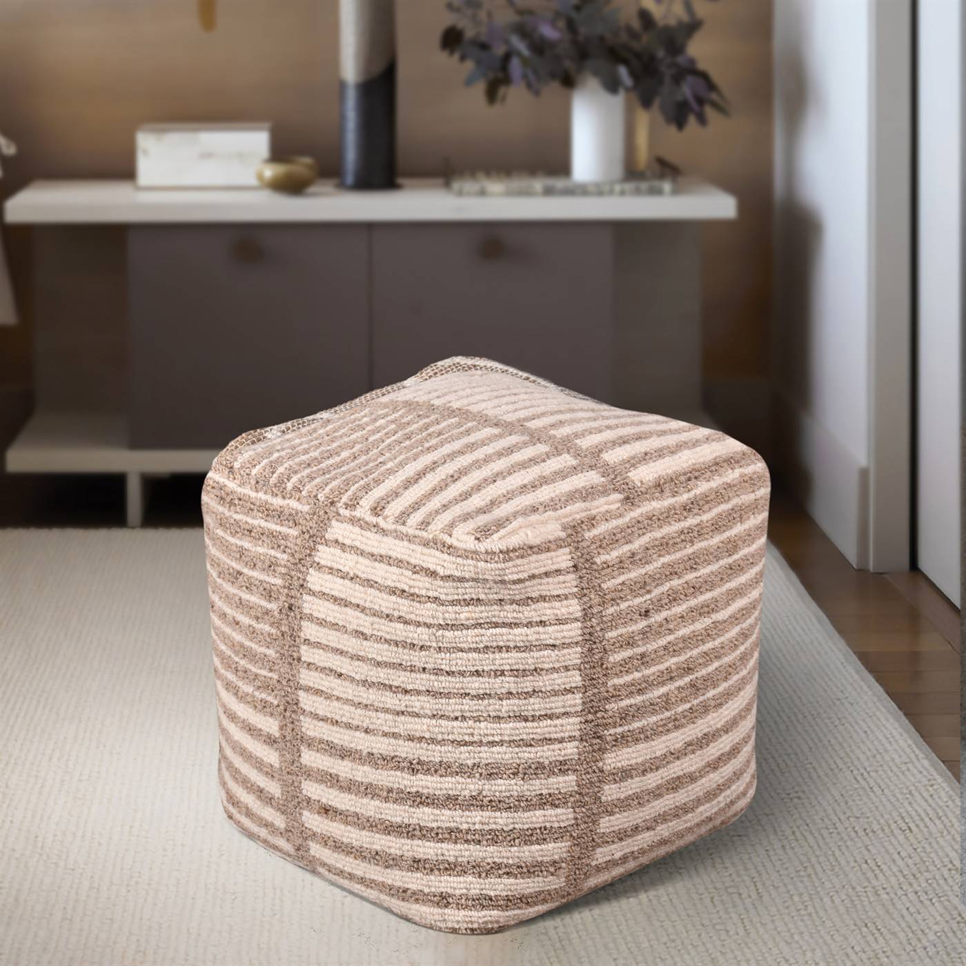 Henke Pouf, 40x40x40 cm, Natural White, Beige, Wool, Hand Woven, Handwoven, All Loop