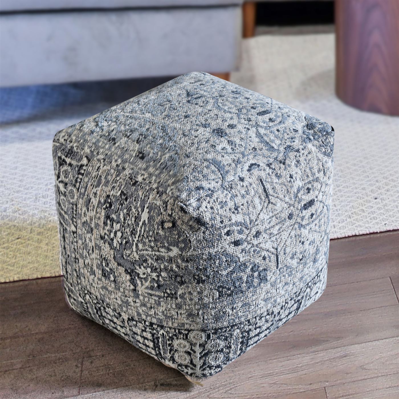 Jerdon Pouf, Cotton Chenille, Grey, Jaquard Durry, Flat Weave 