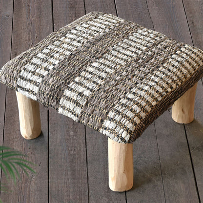 Jodar Foot Stool, Leather, Taupe, Natural White, PITLOOM / FLAT WEAVE