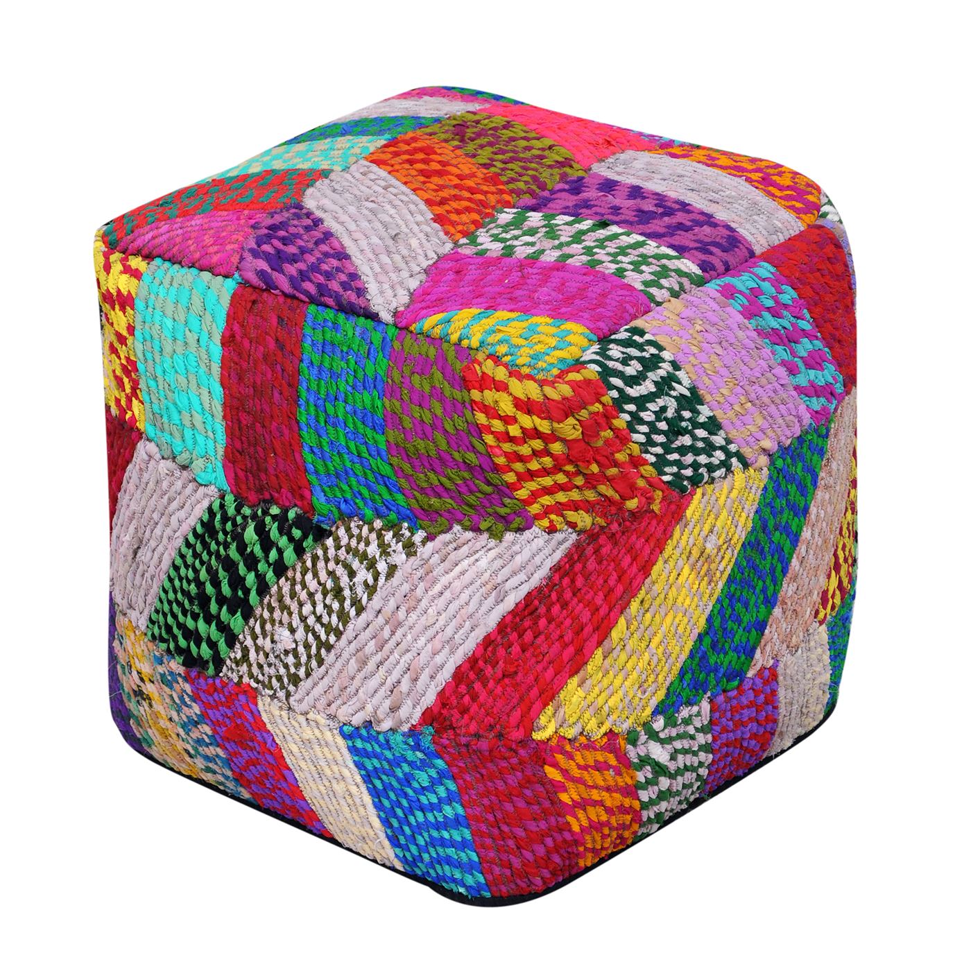 Jodhpuri Pouf, Recycled Fabric, Multi, HM STITCHING / FLAT WEAVE
