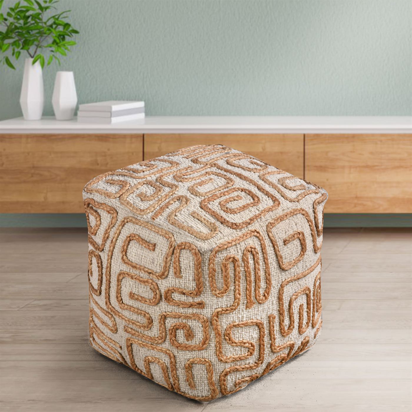 Jordyn Pouf, Wool, Jute, Natural,  Natural White, Hand woven, All Loop 