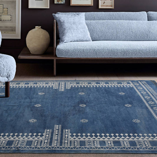 Area Rug, Bedroom Rug, Living Room Rug, Living Area Rug, Indian Rug, Office Carpet, Office Rug, Shop Rug Online, Blue, Natural White , Cotton, Hand Woven, Printed , Pitloom, Flat Weave, Intricate 
