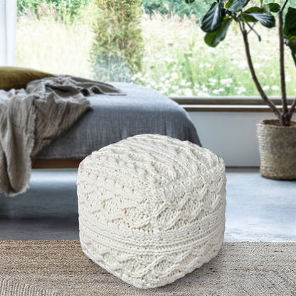 Kaliwa Pouf, 40x40x40 cm, Natural White, NZ Wool, Hand Knitted, Hm Knitted, Flat Weave