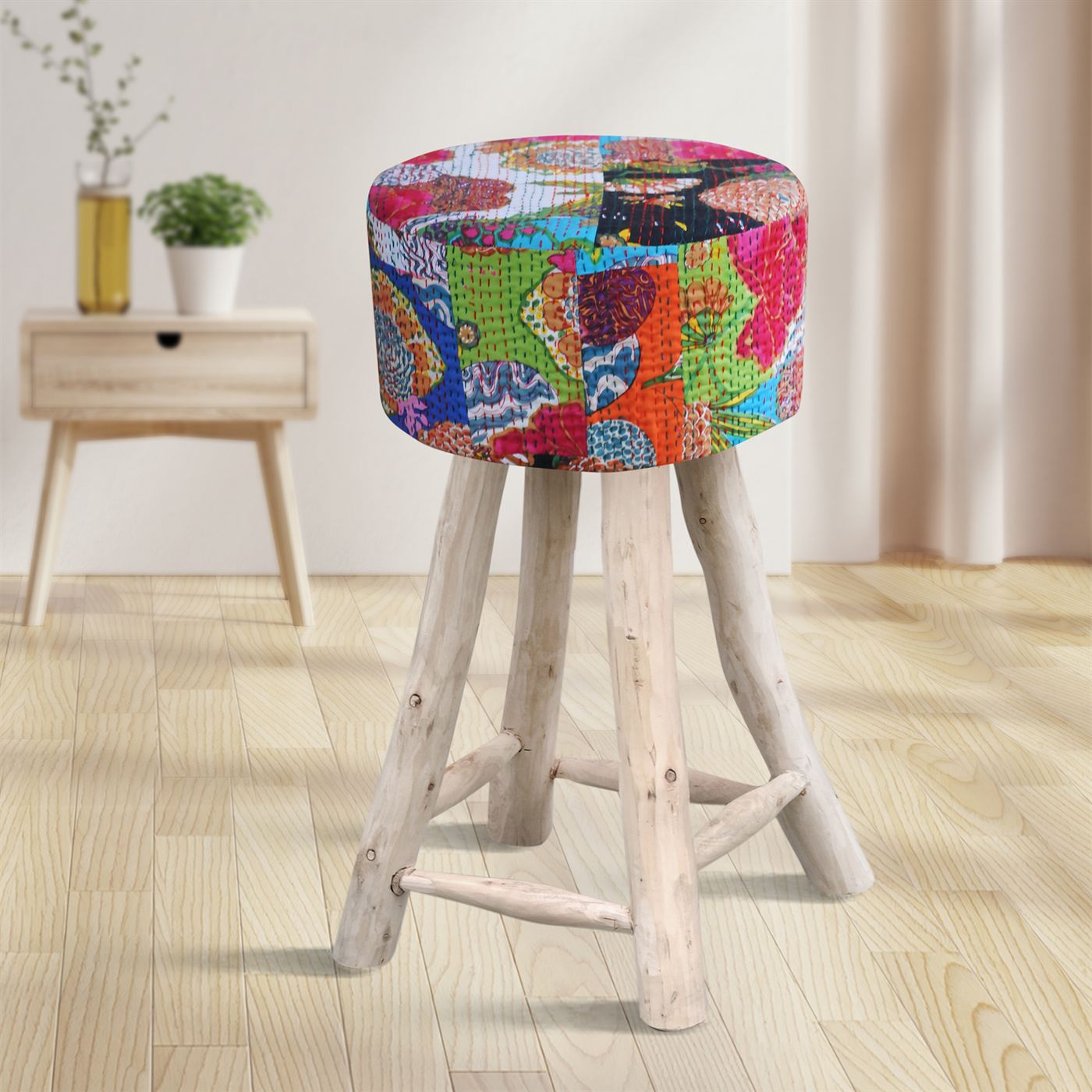 Kantha Bar Stool, Cotton, Recycled Fabric, Multi