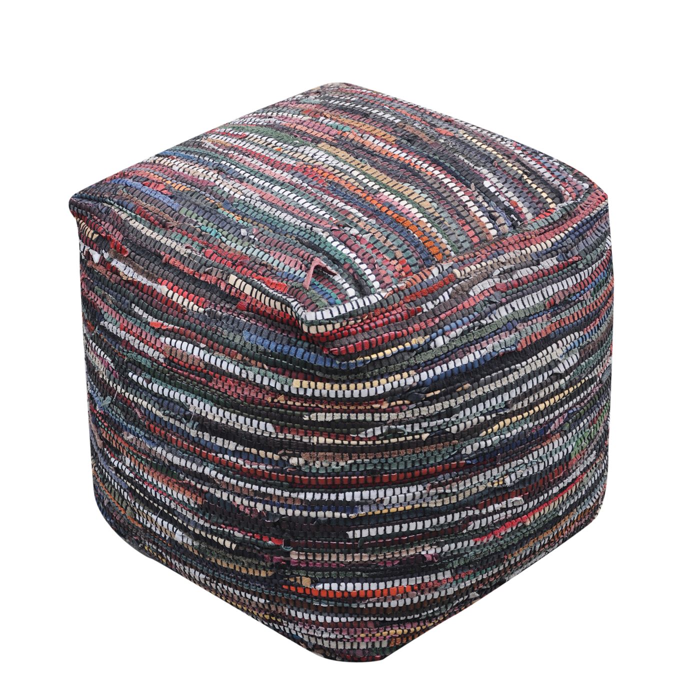 Kasas Pouf, Recycled Leather, Multi, PUNJA / FLAT WEAVE 