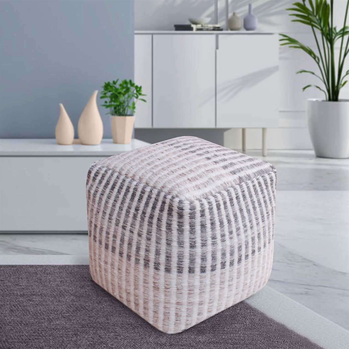 Kashina Pouf, Wool, Natural White, Grey, Pitloom, Flat Weave 